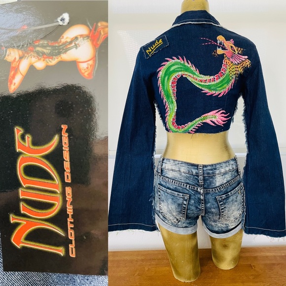 NWT $199 Vintage Y2K NUDE Los Angeles Sequin DRAGON Cropped JEAN JACKET M - Picture 5 of 16